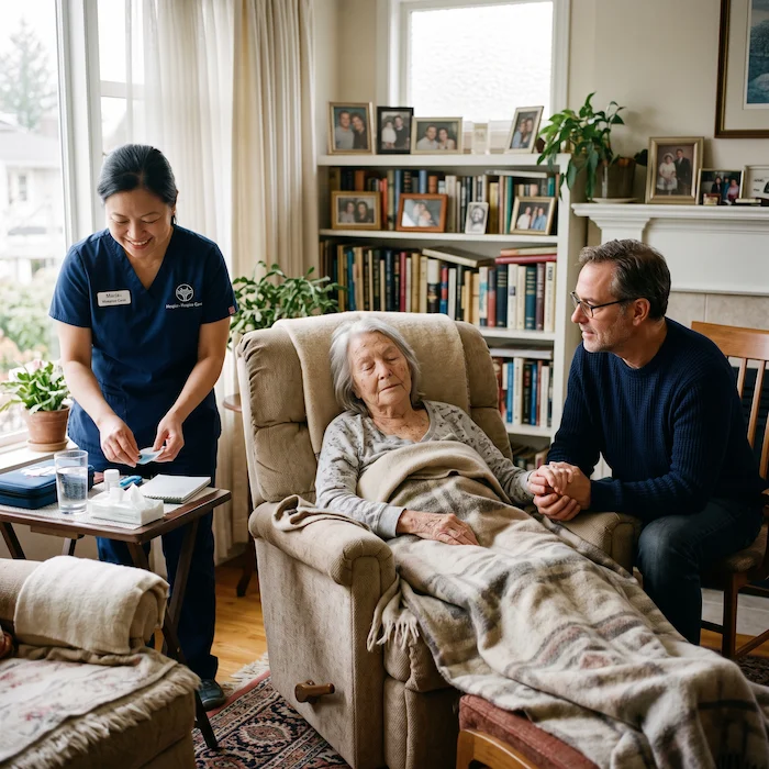 Hospice caregiver providing calm, respectful support to a senior at home