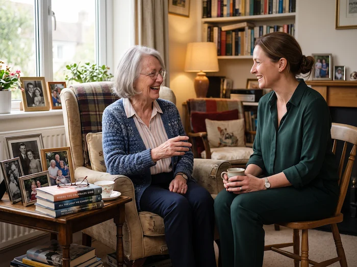 Senior enjoying meaningful conversation with a home companion in a familiar setting