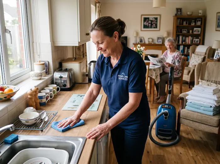 Caregiver wiping kitchen counters during light housekeeping for a senior at home
