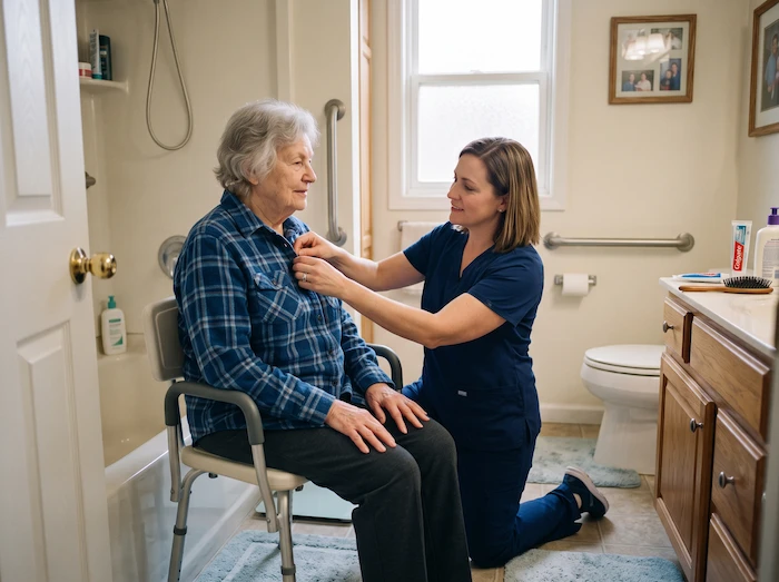 Caregiver respectfully assisting an older adult with personal care at home