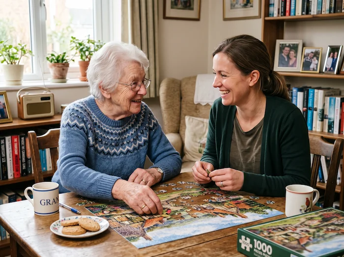 Senior enjoying conversation and a puzzle activity with a home companion caregiver