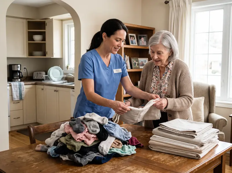 Caregiver helping a senior with laundry and everyday household chores at home
