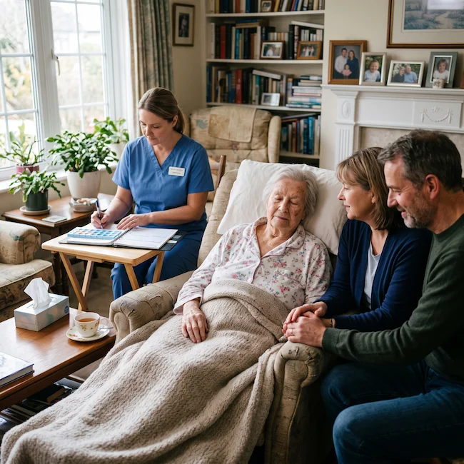Hospice caregiver supporting a family while their loved one rests at home