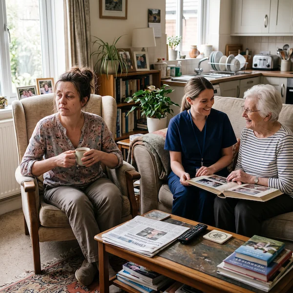 Respite caregiver supporting a senior while a family caregiver takes a needed break