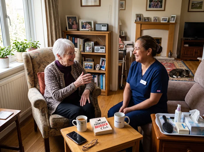 Older adult receiving companionship and social support from a caregiver at home
